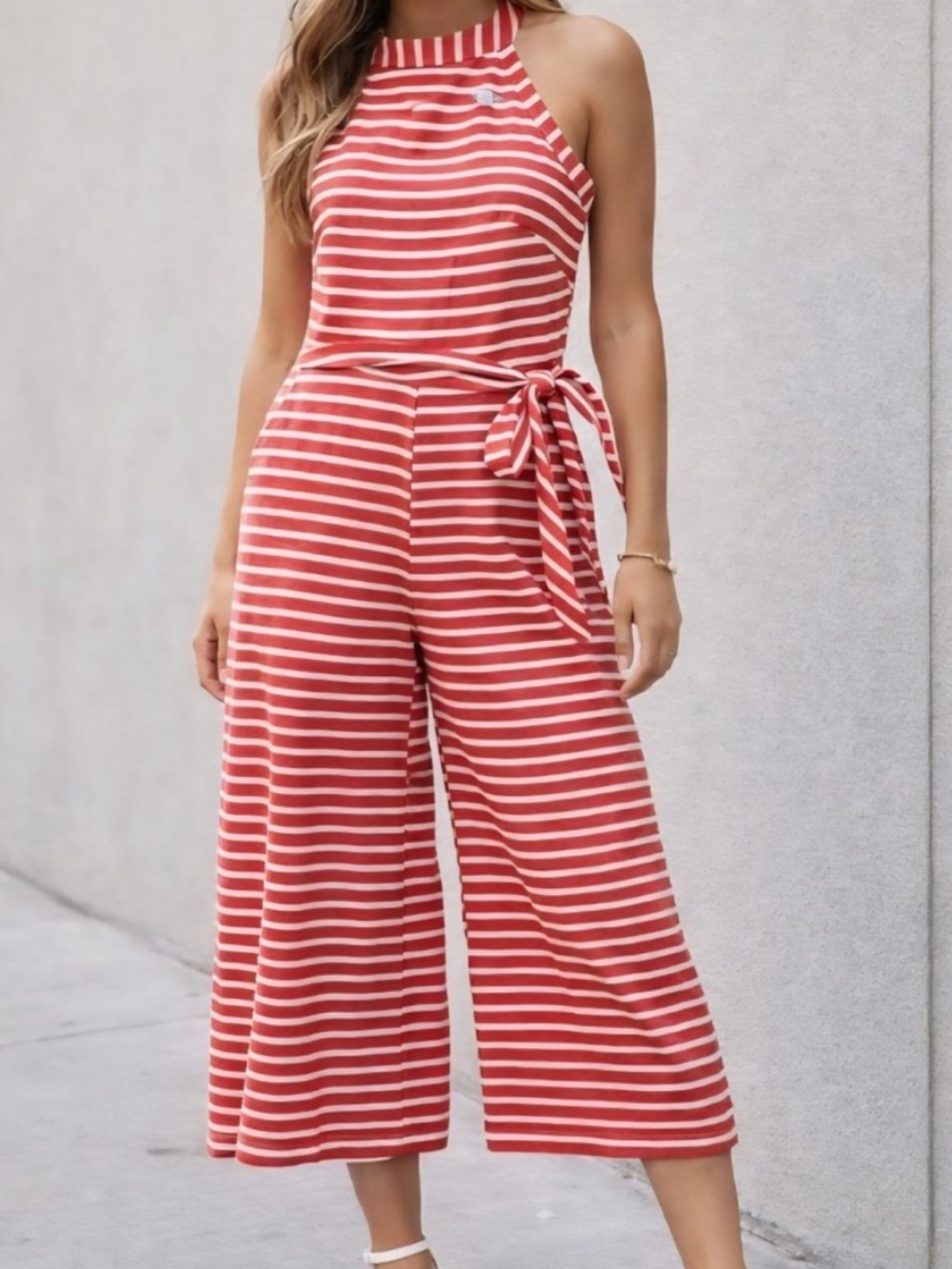 Red and White Striped Wide Leg Halter Jumpsuit - Size L